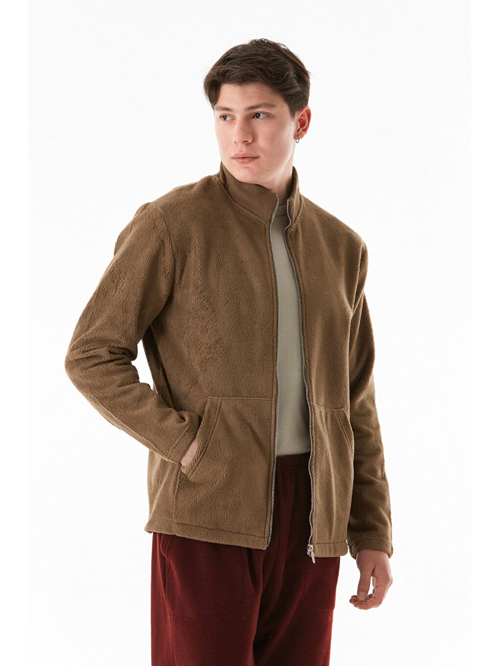 Kahverengi Dik Yaka Polar Fermuarlı Sweatshirt-4