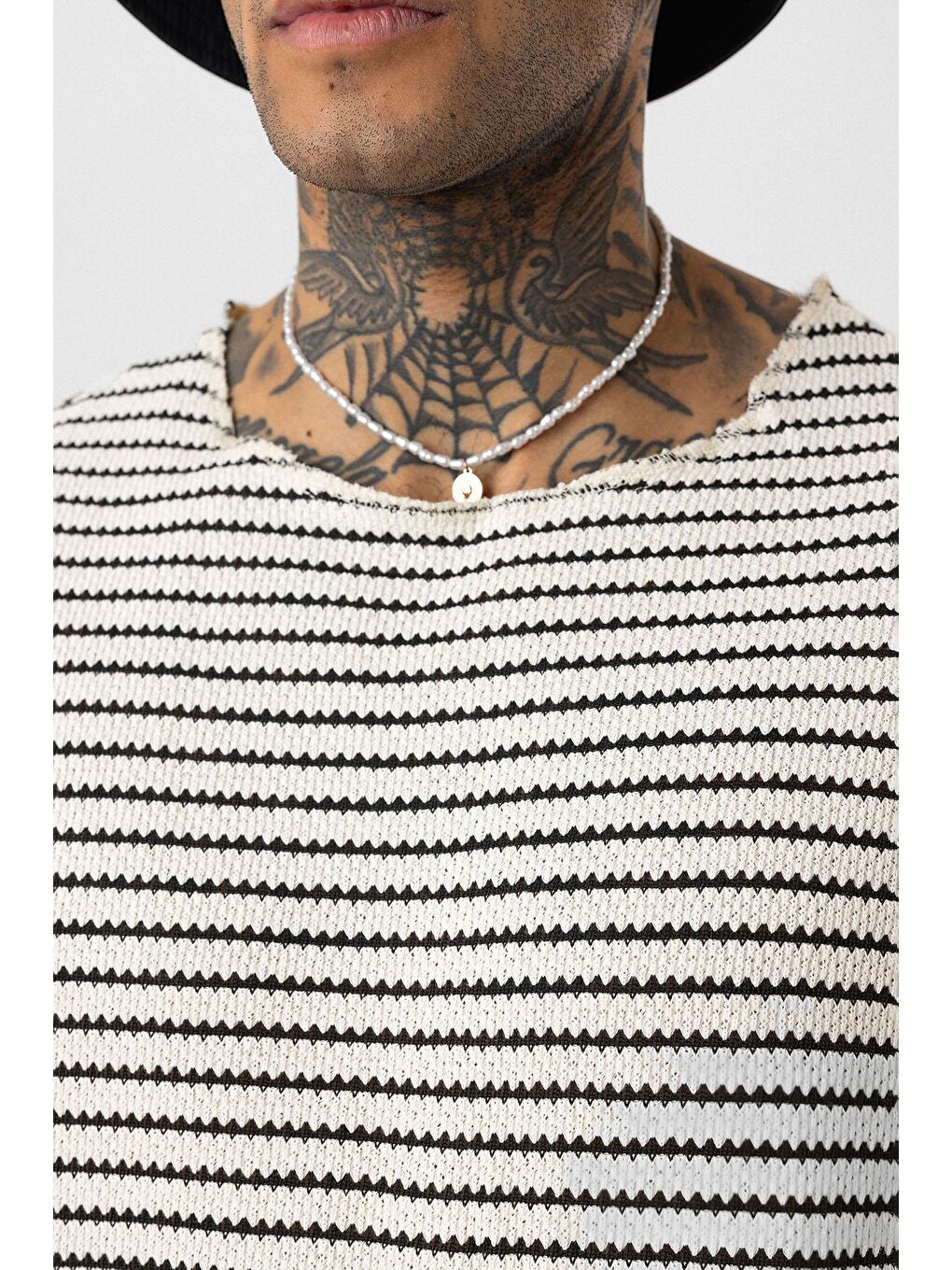 Çizgili Oversize Triko Tişört Siyah-5