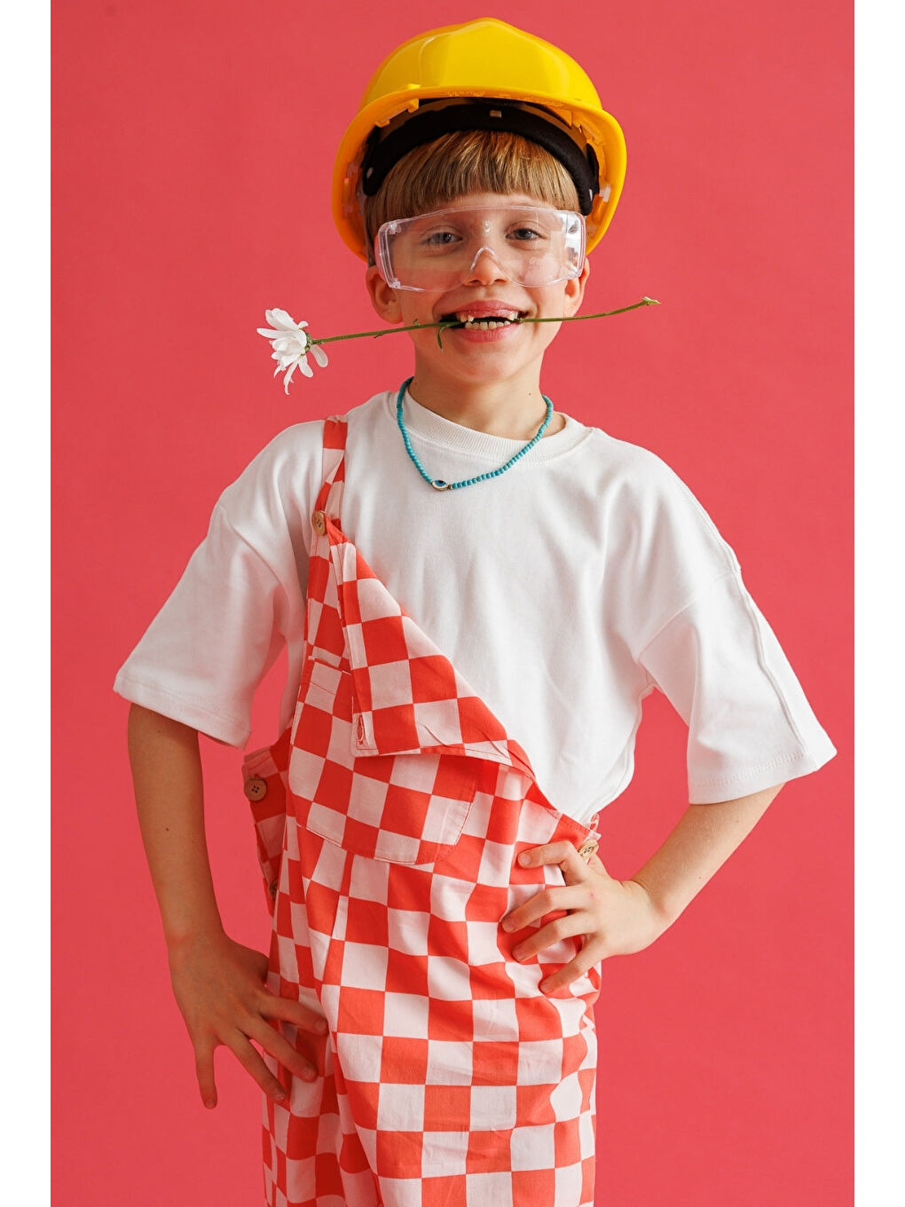 Kırmızı Dama Desenli Cep Detaylı Çocuk Salopet-2