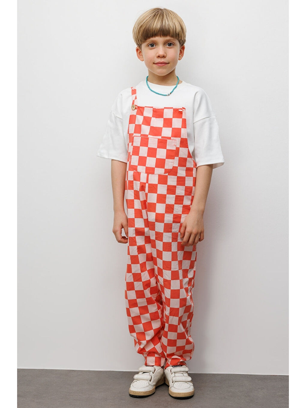 Kırmızı Dama Desenli Cep Detaylı Çocuk Salopet-3