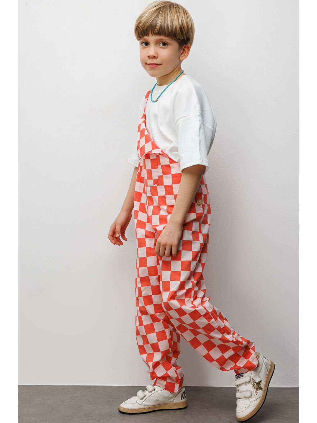 Kırmızı Dama Desenli Cep Detaylı Çocuk Salopet-4