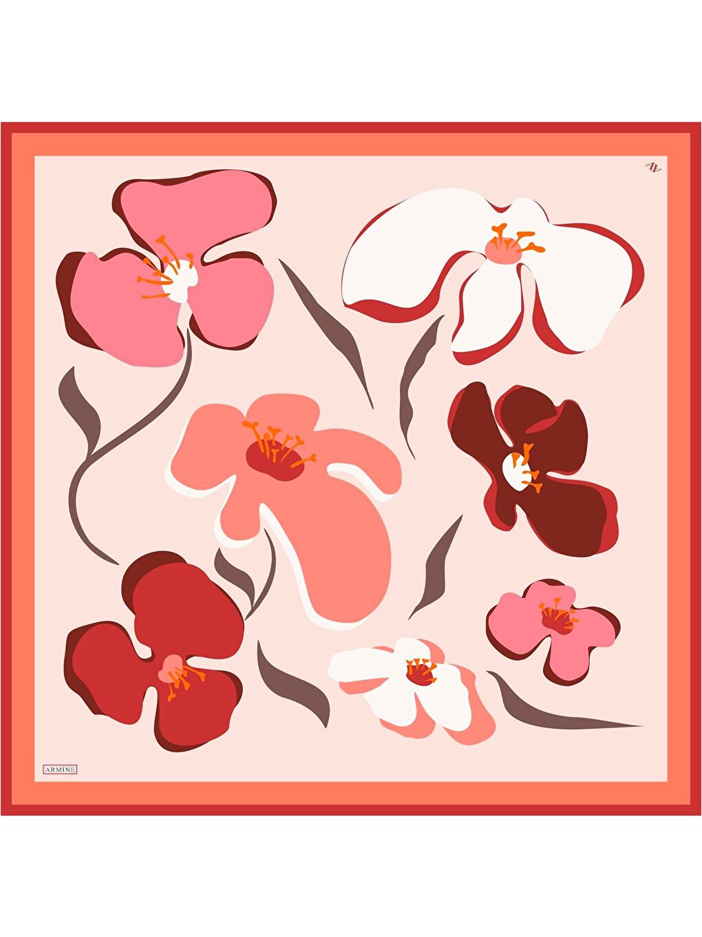 Turuncu Çiçek Desenli Saf İpek Twill Eşarp 9317 31-3