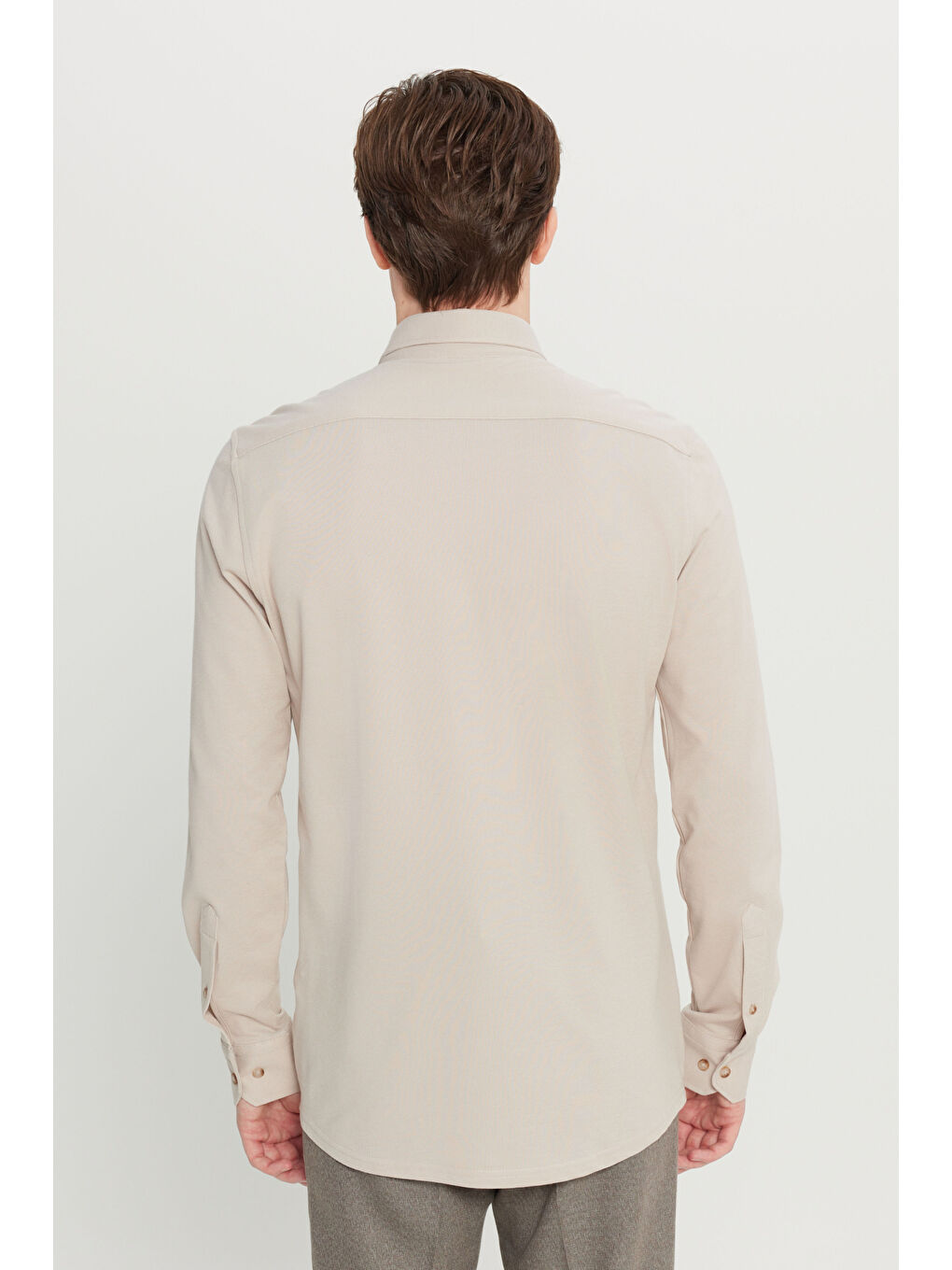 Erkek Bej Pamuklu Slim Fit Dar Kesim Düğmeli Yaka Örme Gömlek-4