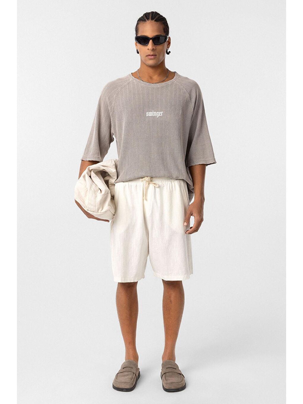 Bej Yıkamalı Oversize Baskılı Triko Tişört Taş