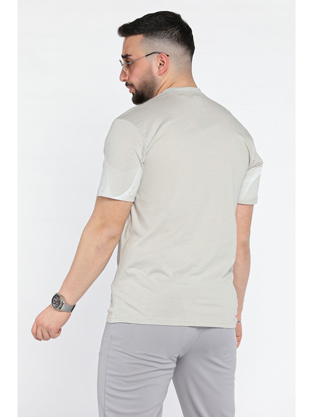 Bej Erkek Bisiklet Yaka Baskılı Tişört-2