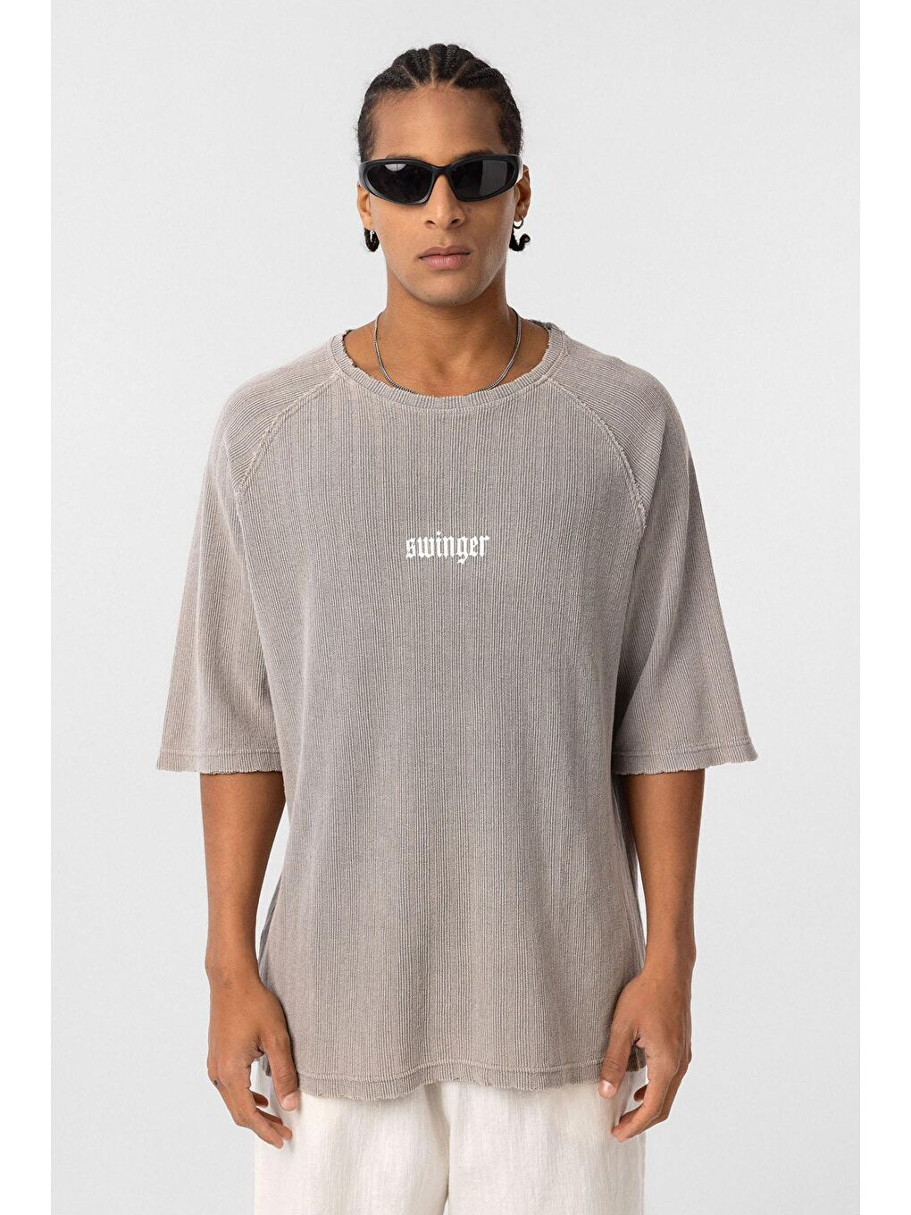 Bej Yıkamalı Oversize Baskılı Triko Tişört Taş-2