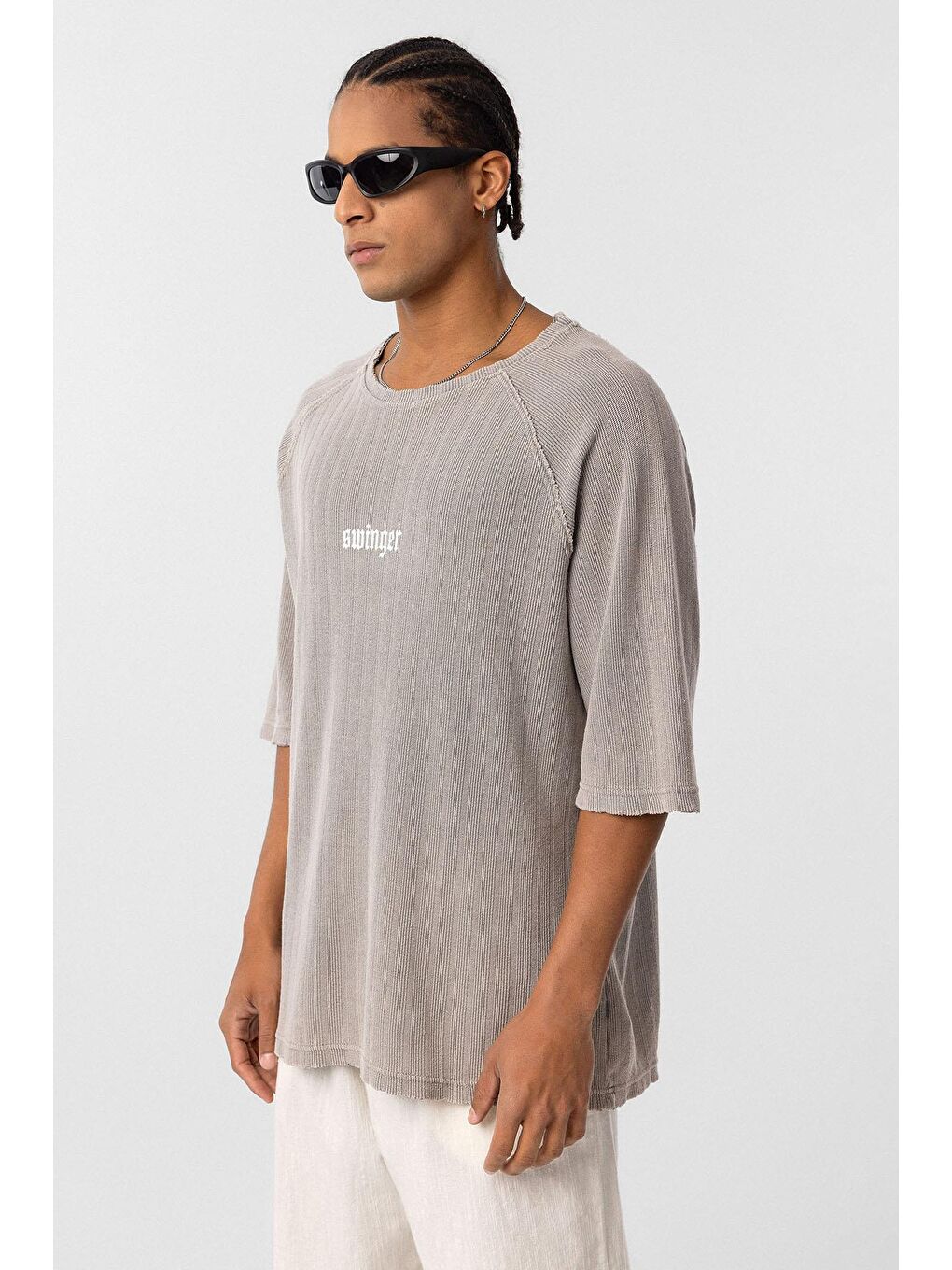 Bej Yıkamalı Oversize Baskılı Triko Tişört Taş-3