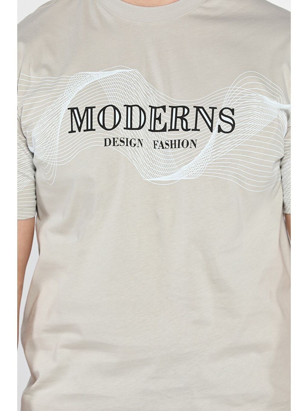 Bej Erkek Bisiklet Yaka Baskılı Tişört-3