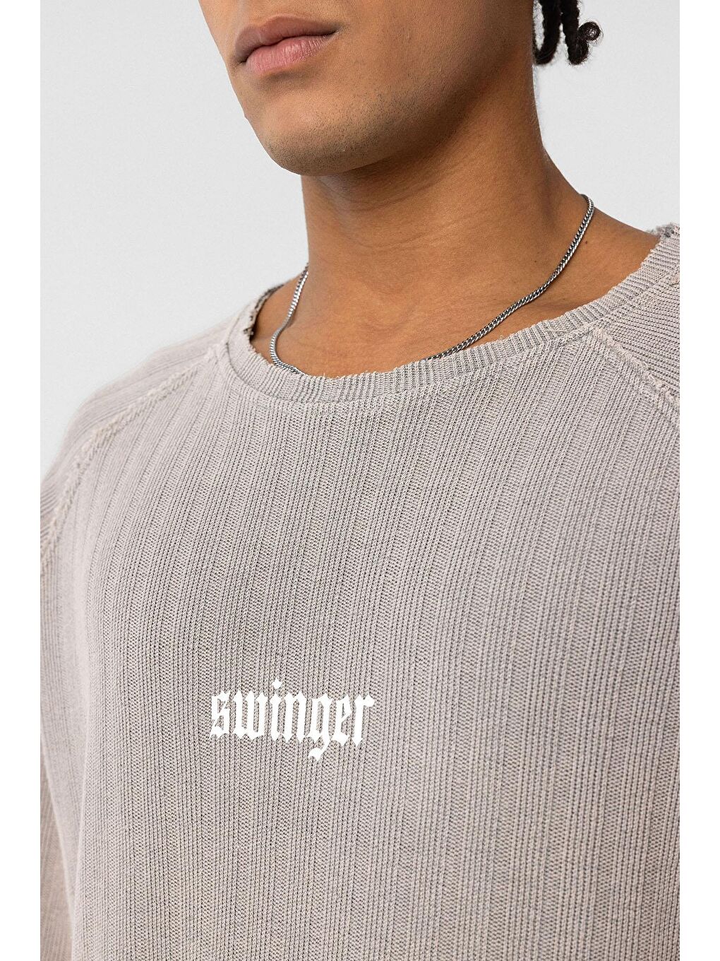 Bej Yıkamalı Oversize Baskılı Triko Tişört Taş-5