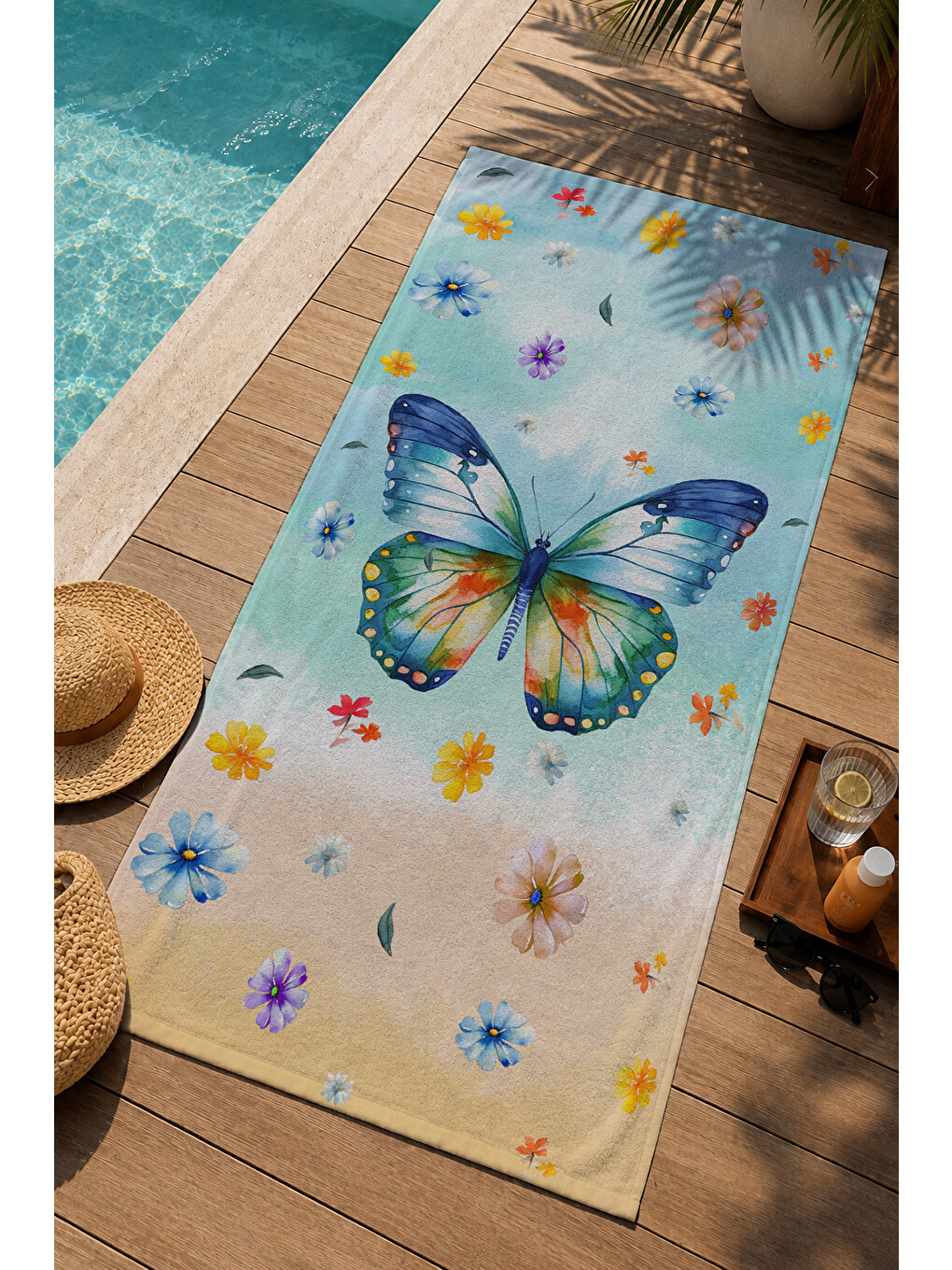 Ekru Sarı Mavi Kelebek Ve Çiçek Desenli 70x150 Cm Dijital Baskılı Plaj Ve Banyo Havlusu-2