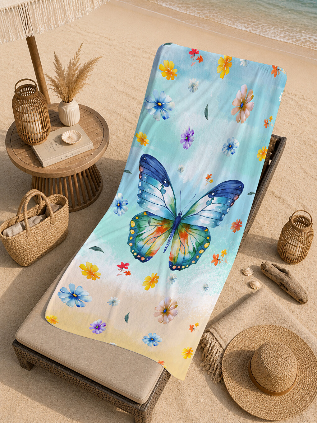Ekru Sarı Mavi Kelebek Ve Çiçek Desenli 70x150 Cm Dijital Baskılı Plaj Ve Banyo Havlusu-4