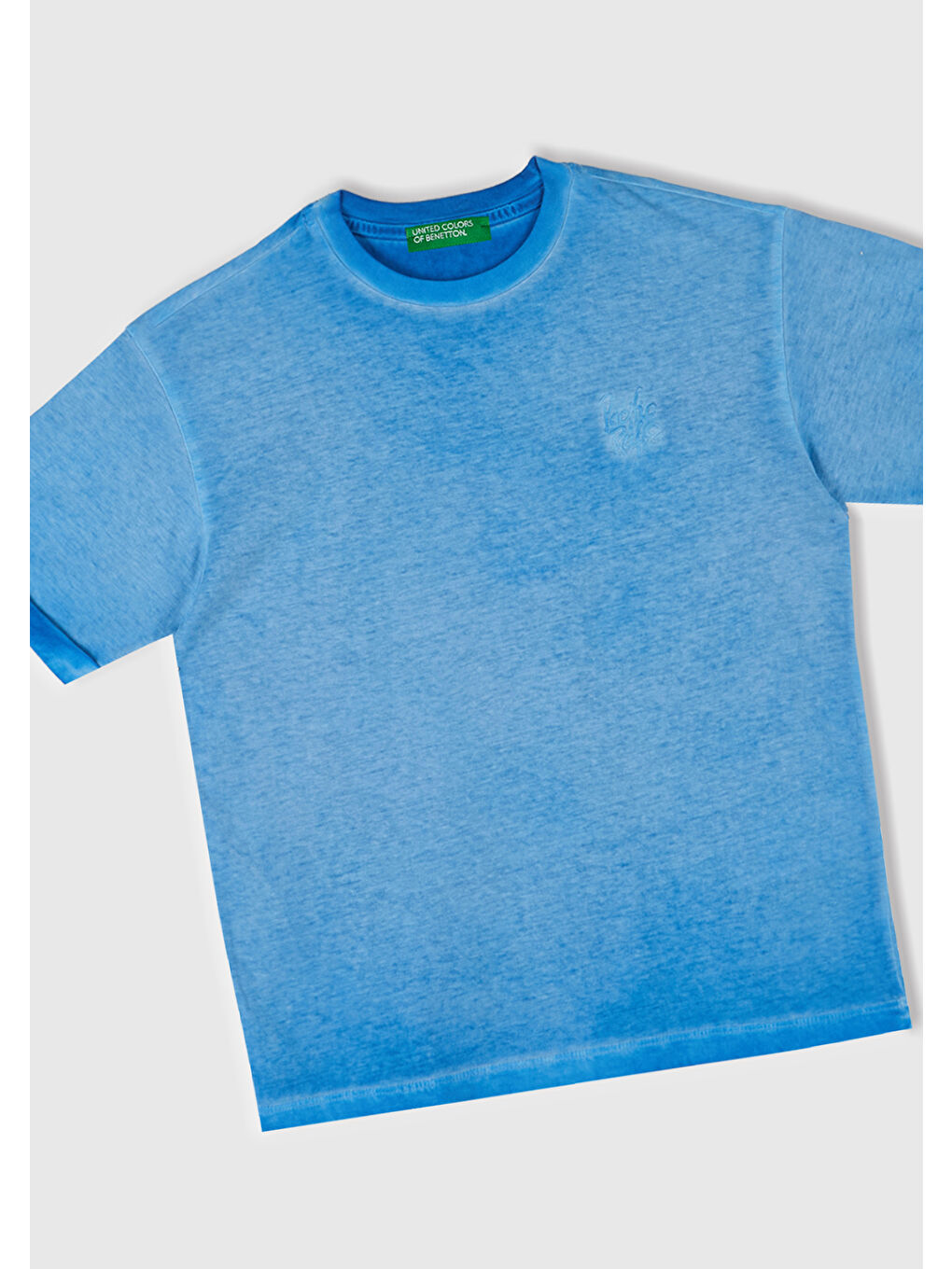 Erkek Çocuk Saks Mavi Soluk Efektli Logo İşlemeli Oversize T-Shirt-1