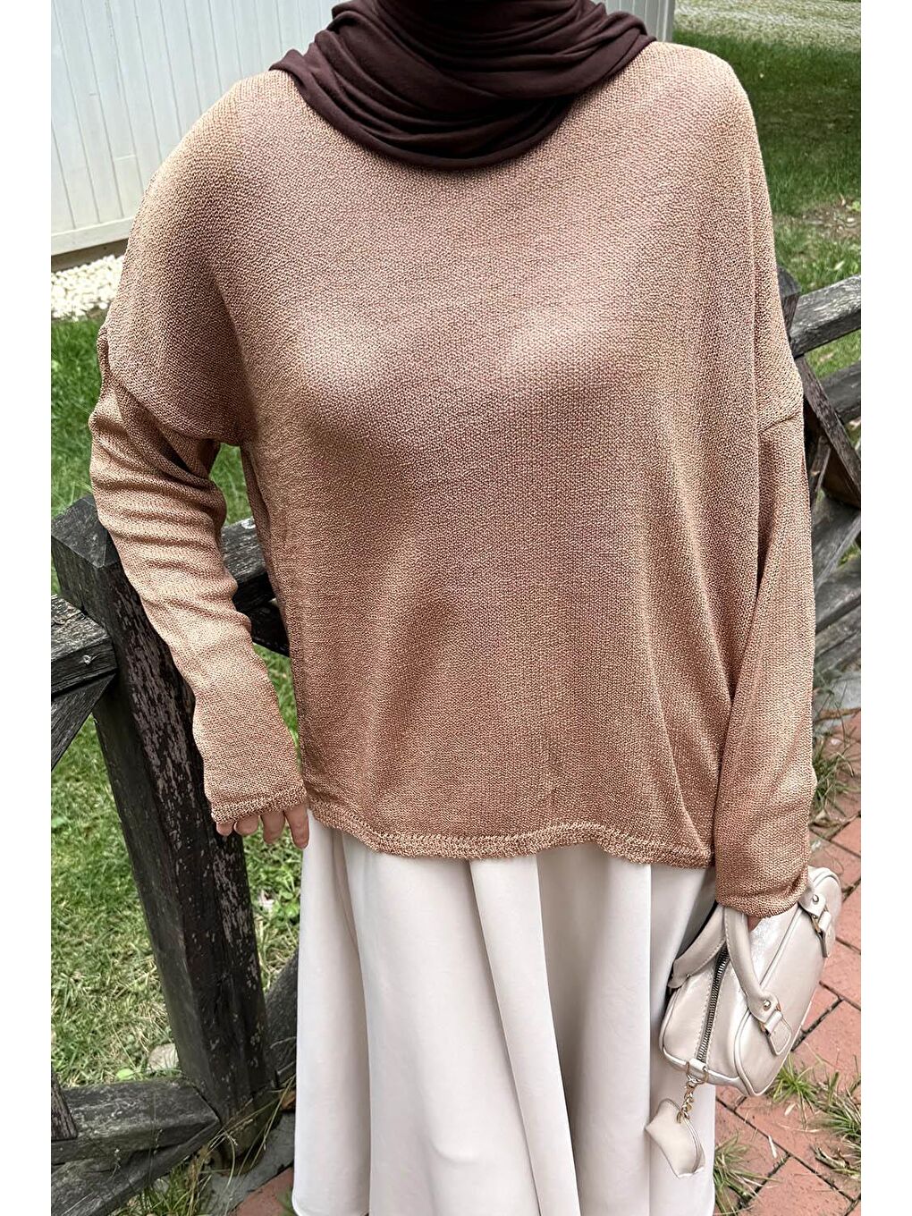 Kahverengi Kayık Yaka Triko Kazak Camel-2