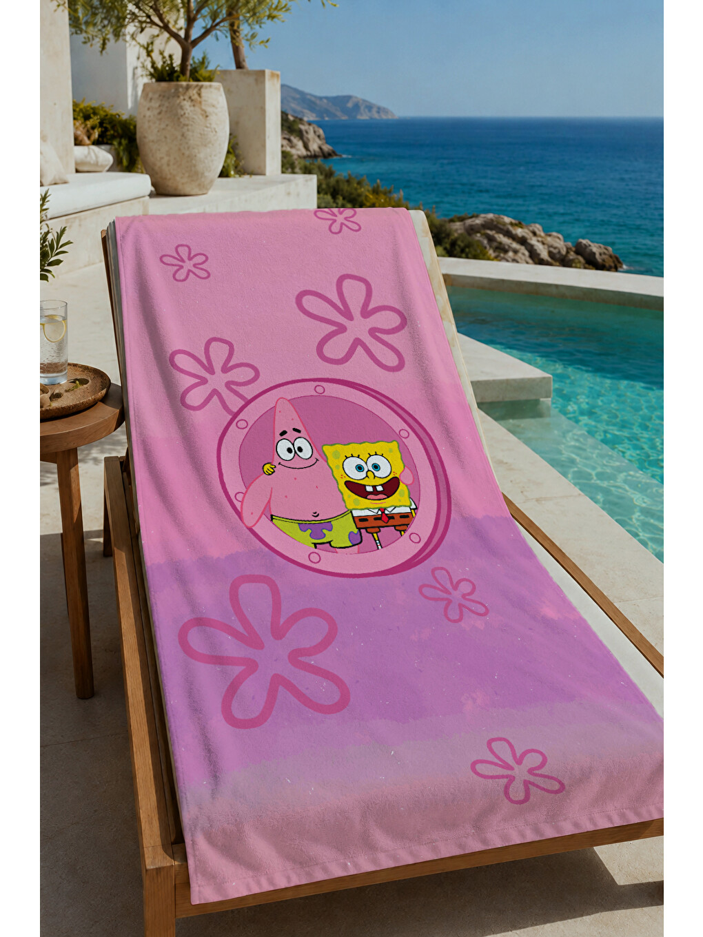 Pembe Çiçekli Sevimli Deniz Karakteri Desenli 70x150 Cm Dijital Baskılı Plaj Ve Banyo Havlusu