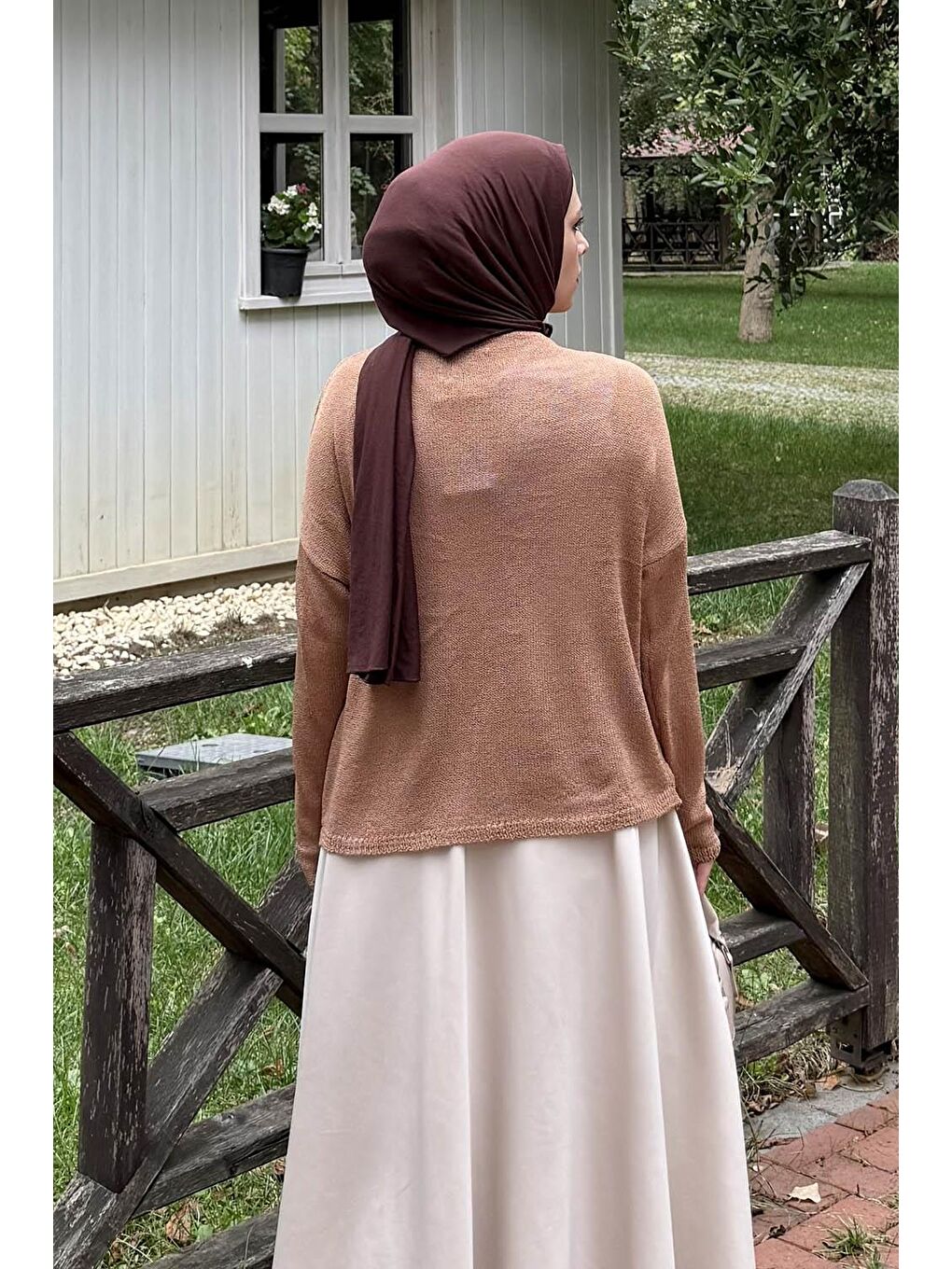 Kahverengi Kayık Yaka Triko Kazak Camel-3