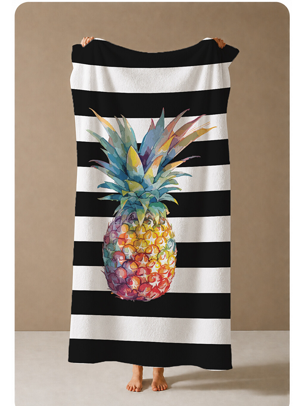 Milbay Grup Siyah Beyaz Çizgili Ananas Desenli 70x150 Cm Dijital Plaj Ve Banyo Havlusu-37424-3