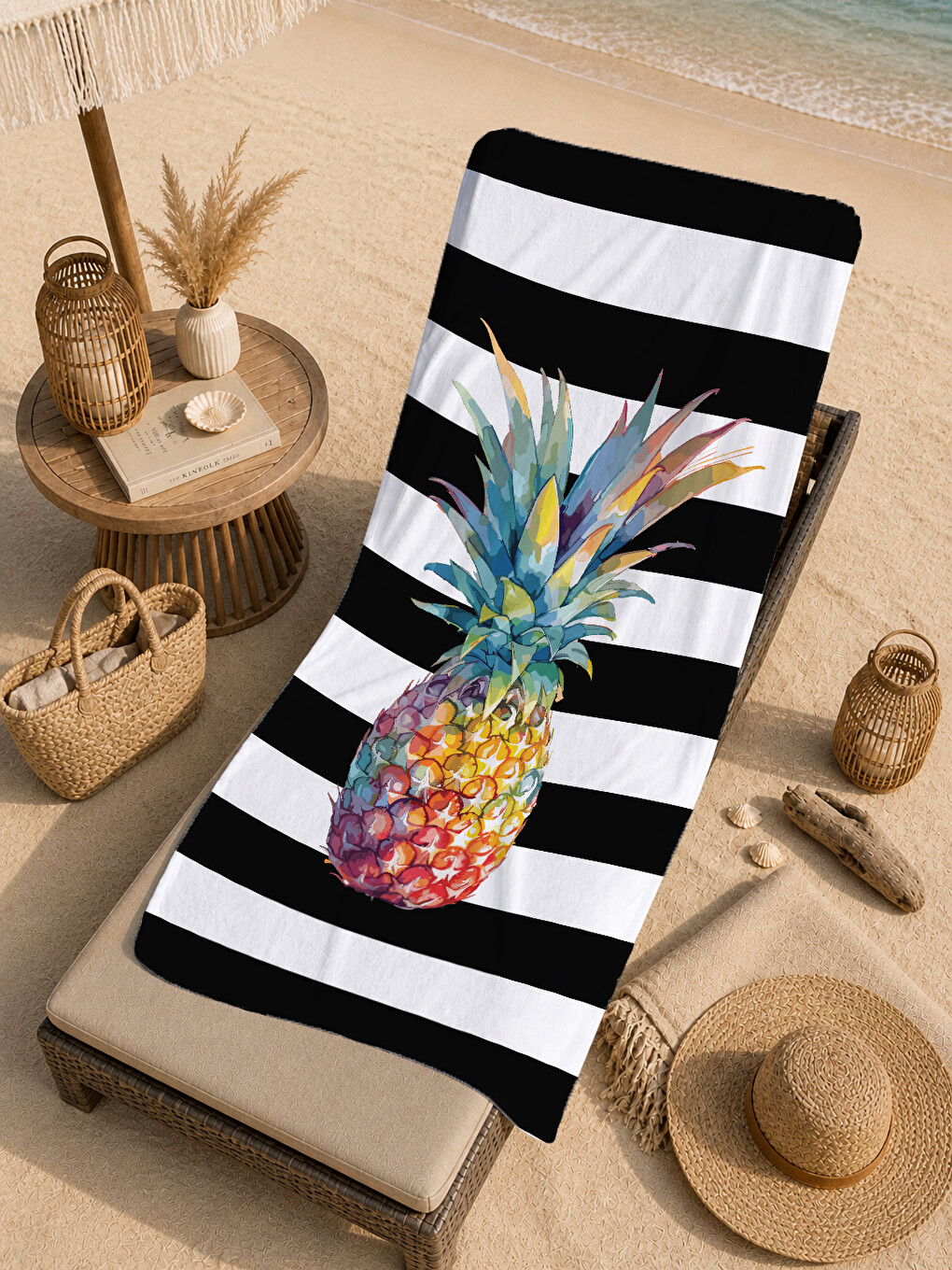 Milbay Grup Siyah Beyaz Çizgili Ananas Desenli 70x150 Cm Dijital Plaj Ve Banyo Havlusu-37424-4