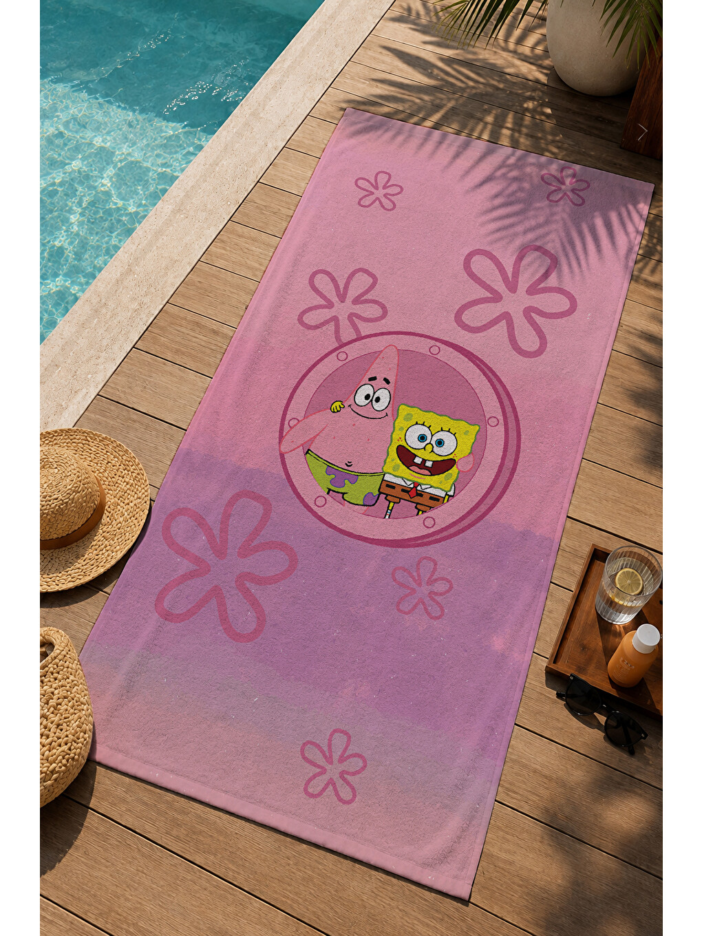Pembe Çiçekli Sevimli Deniz Karakteri Desenli 70x150 Cm Dijital Baskılı Plaj Ve Banyo Havlusu-2