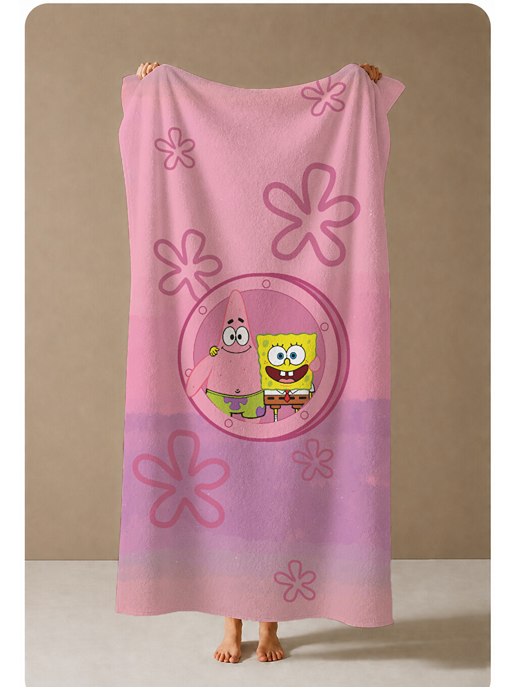 Pembe Çiçekli Sevimli Deniz Karakteri Desenli 70x150 Cm Dijital Baskılı Plaj Ve Banyo Havlusu-3