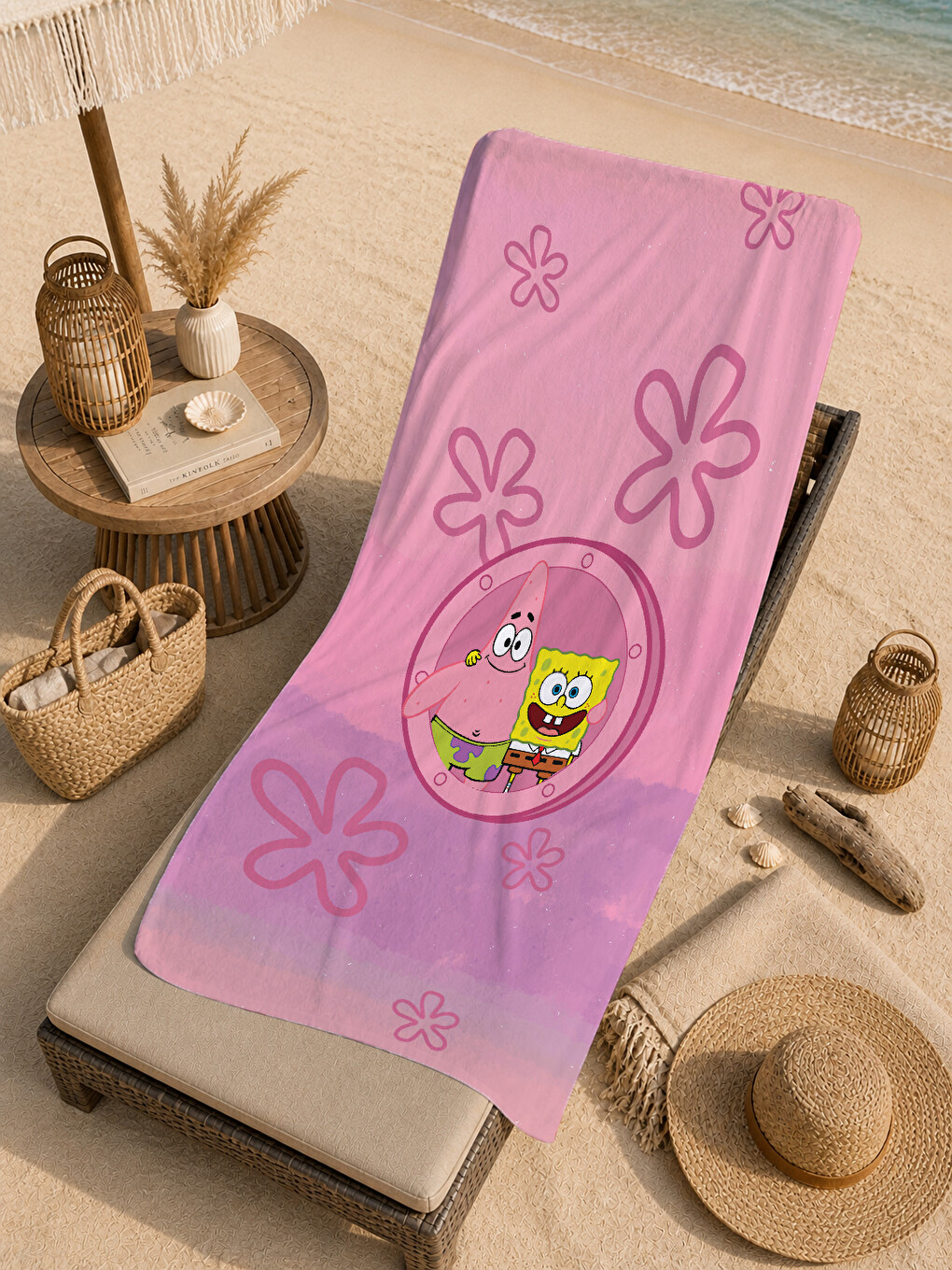Pembe Çiçekli Sevimli Deniz Karakteri Desenli 70x150 Cm Dijital Baskılı Plaj Ve Banyo Havlusu-4