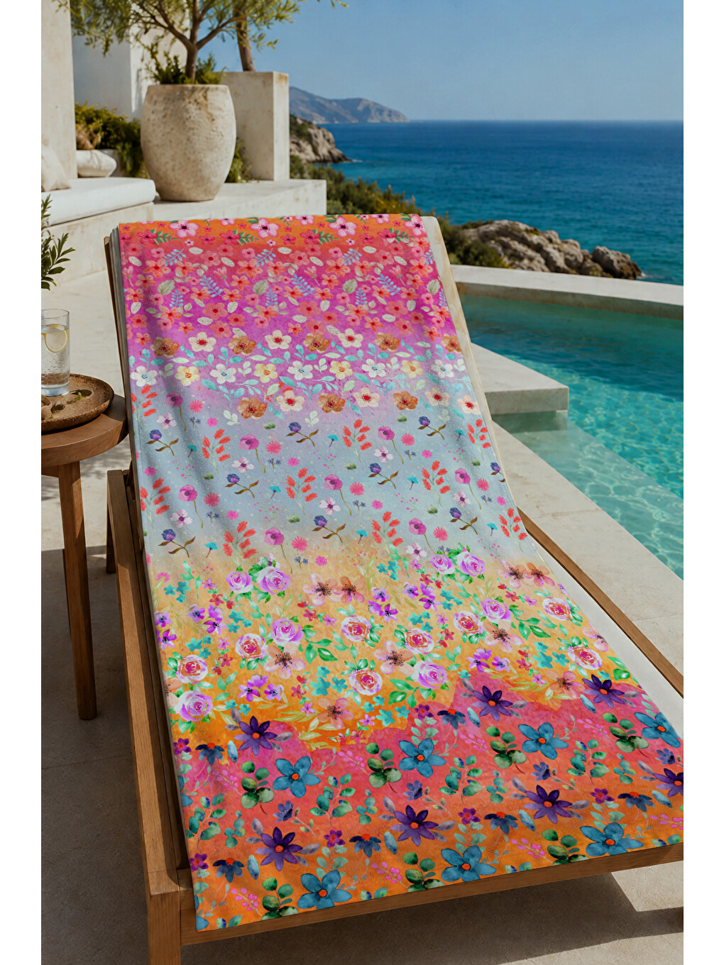 Pembe Degrade Çiçek Bahçesi Desenli 70x150 Cm Dijital Baskılı Plaj Ve Banyo Havlusu