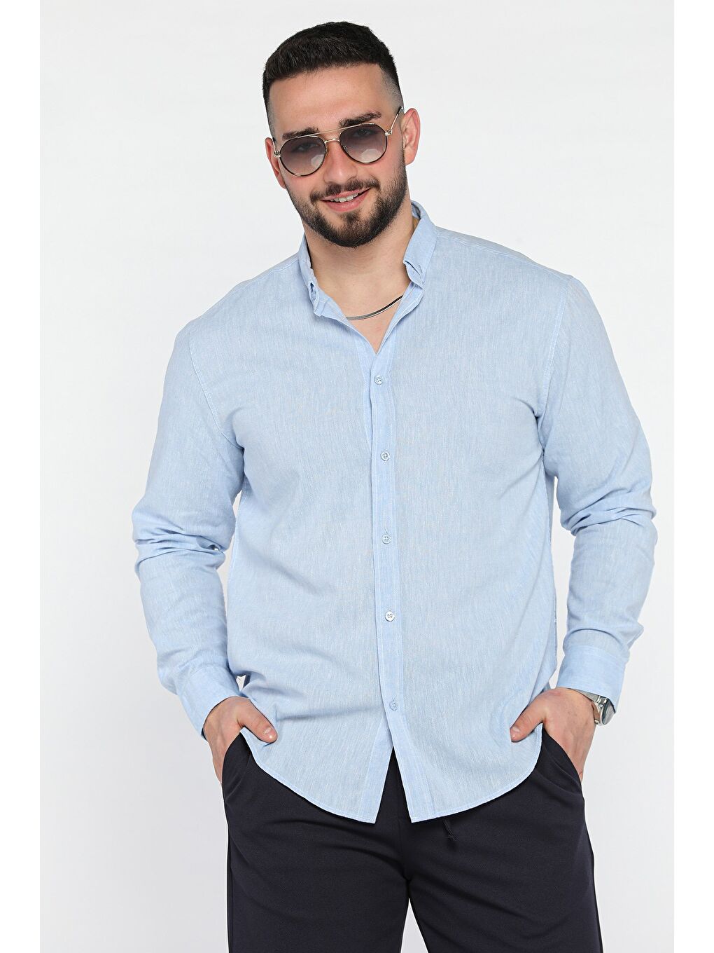 Mavi Uzun Kol Erkek Keten Gömlek