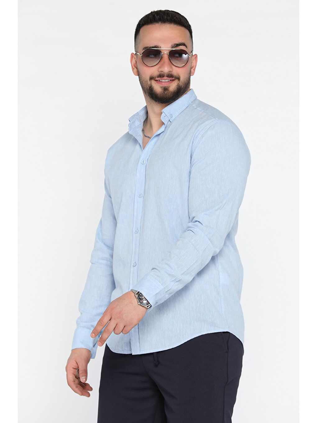 Mavi Uzun Kol Erkek Keten Gömlek-1