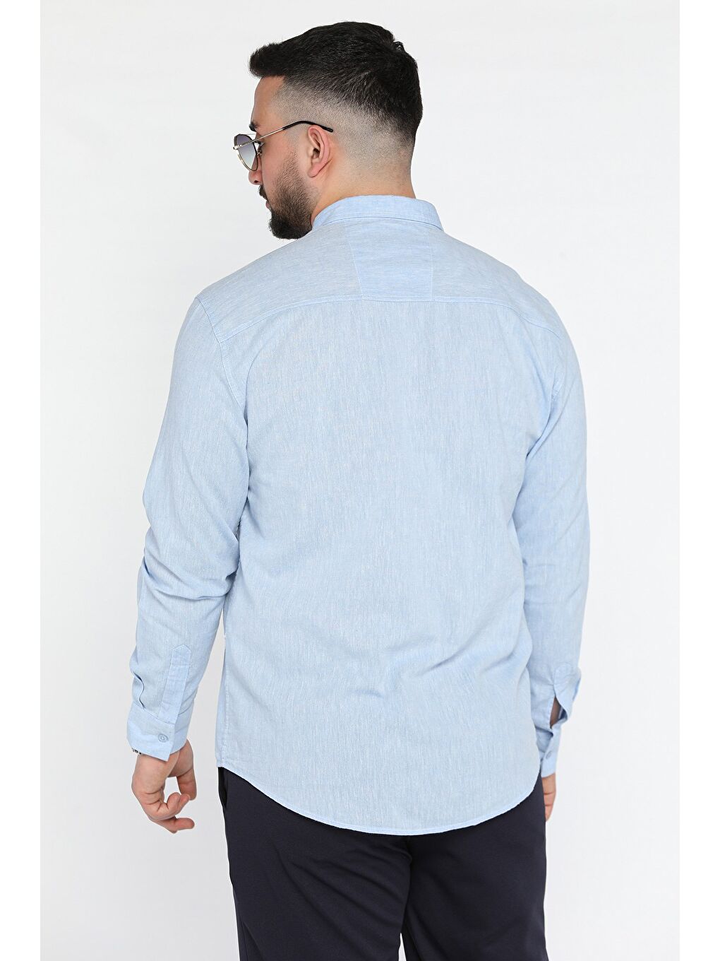 Mavi Uzun Kol Erkek Keten Gömlek-2