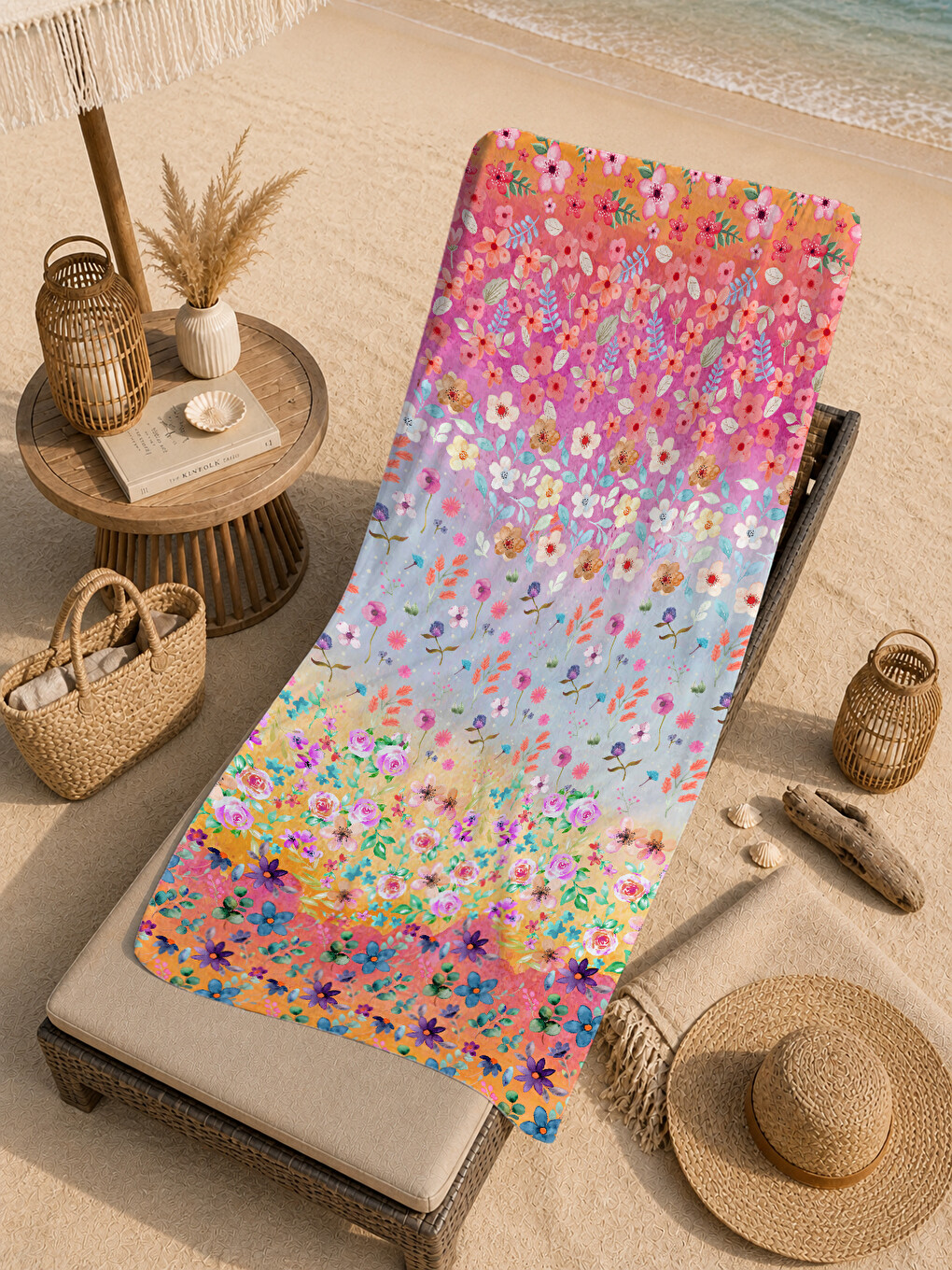 Pembe Degrade Çiçek Bahçesi Desenli 70x150 Cm Dijital Baskılı Plaj Ve Banyo Havlusu-4