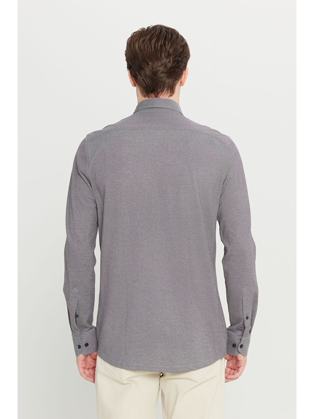 Erkek Gri Pamuklu Slim Fit Dar Kesim Düğmeli Yaka Örme Gömlek-4
