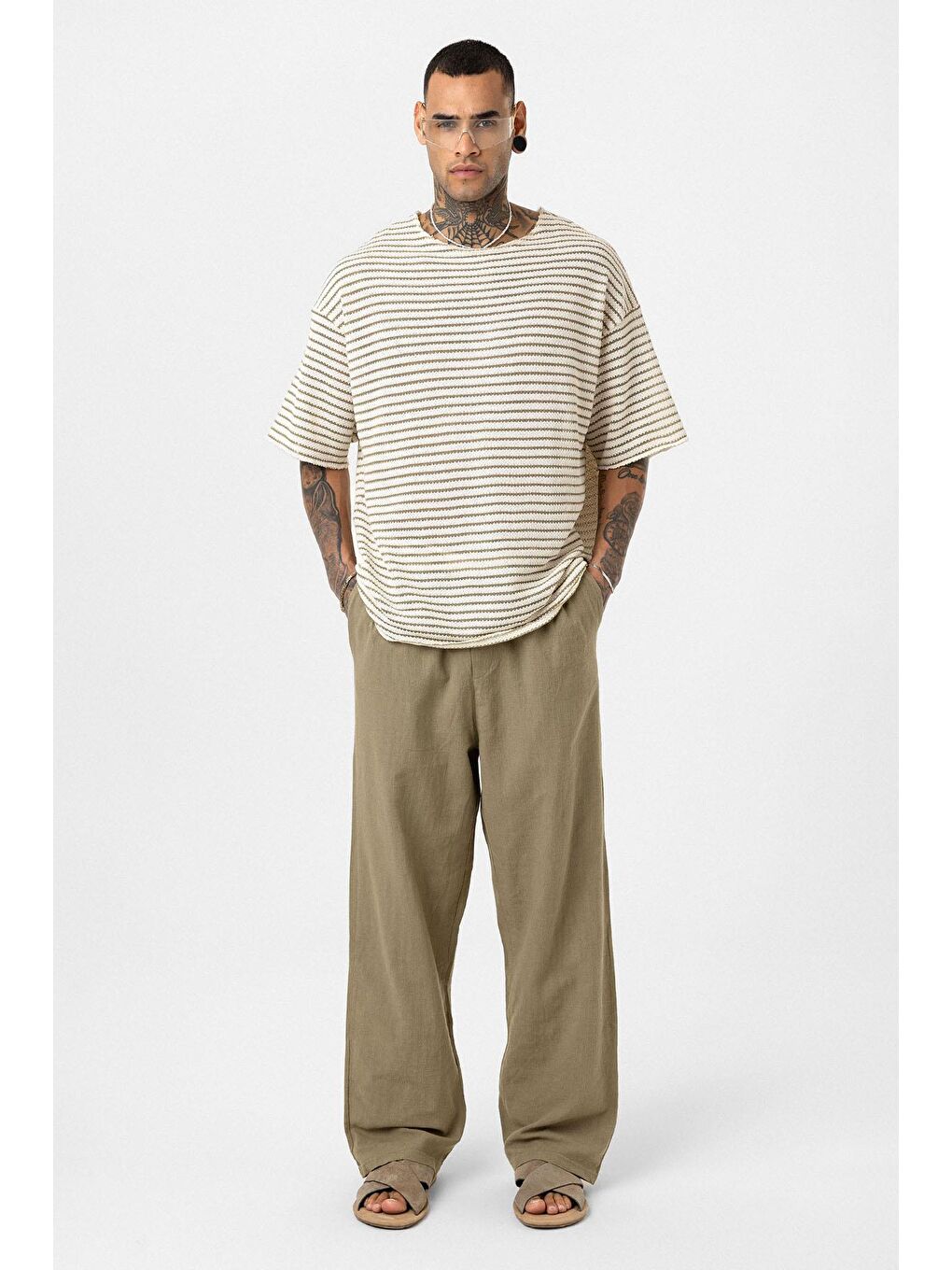 Çizgili Oversize Triko Tişört Haki