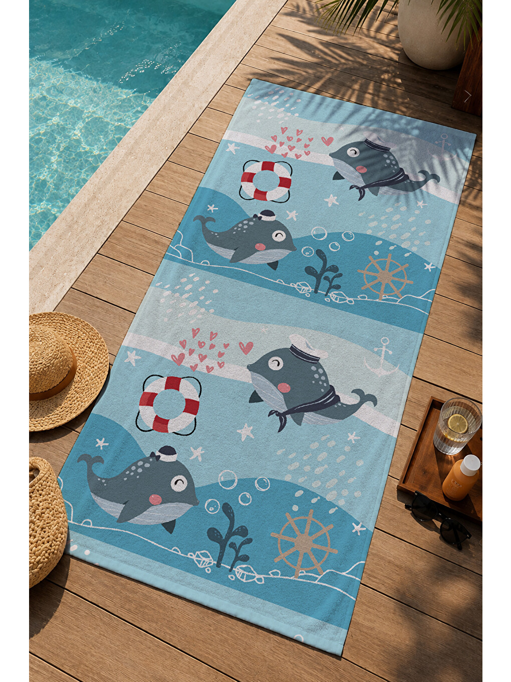 Mavi Denizci Balina Ve Çapa Desenli 70x150 Cm Dijital Baskılı Plaj Ve Banyo Havlusu-2