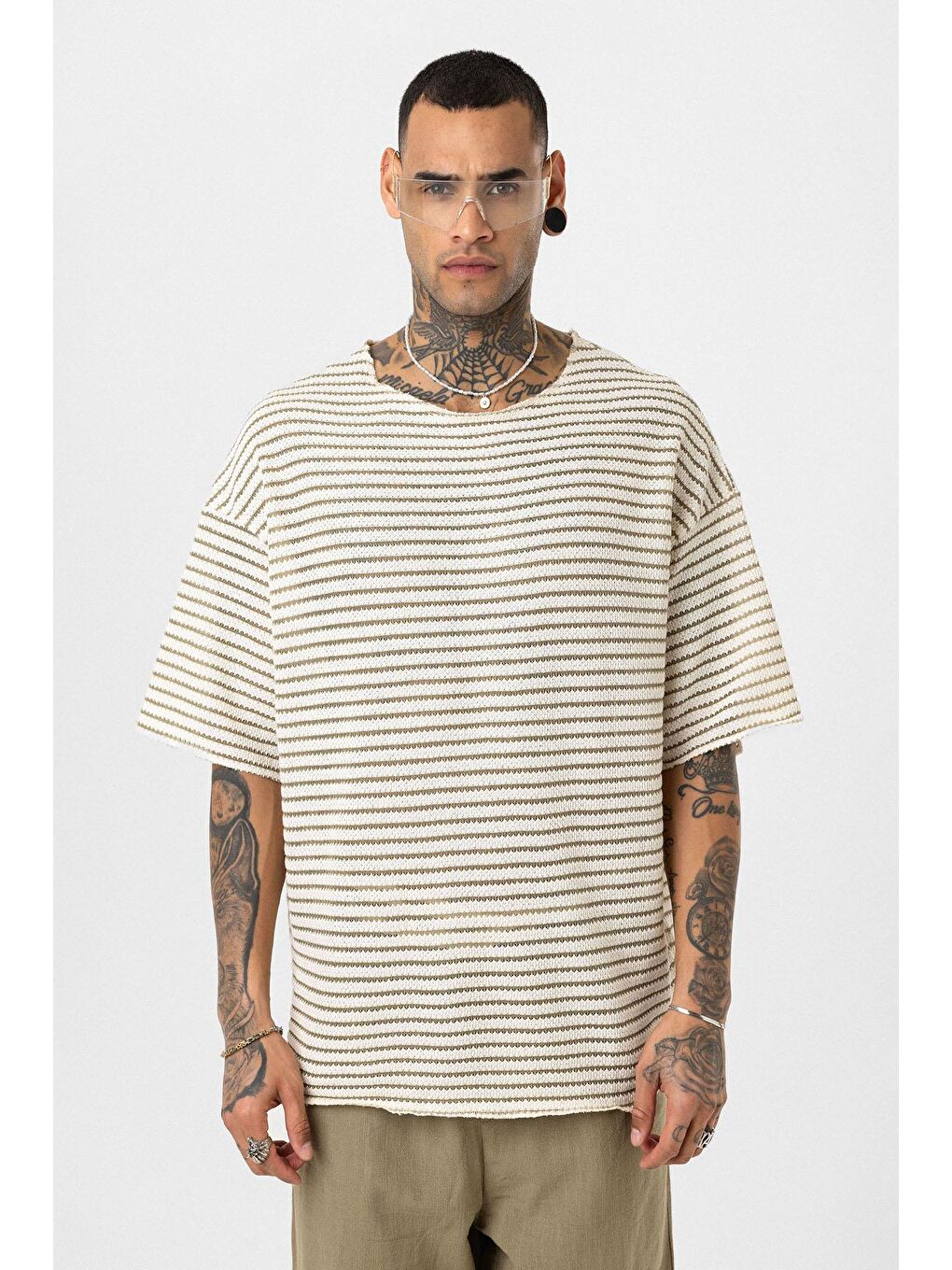 Çizgili Oversize Triko Tişört Haki-2