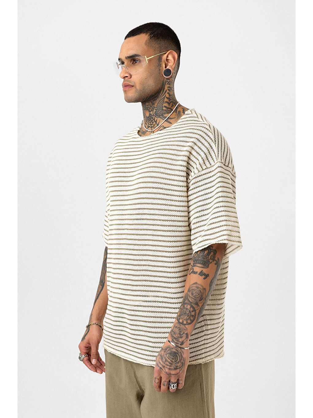 Çizgili Oversize Triko Tişört Haki-3