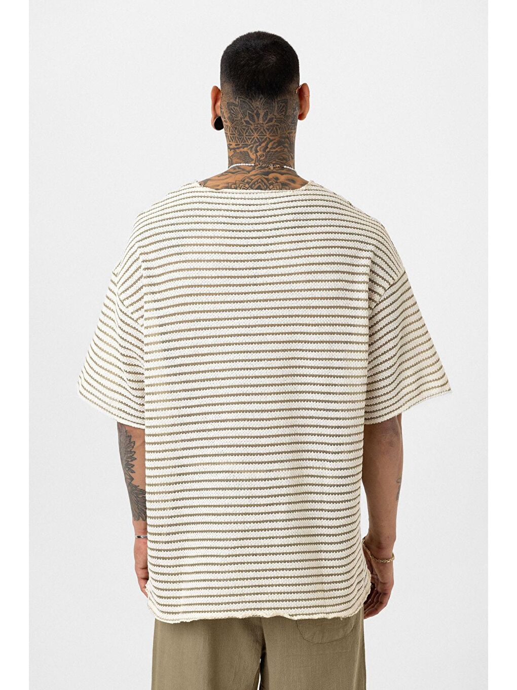Çizgili Oversize Triko Tişört Haki-4