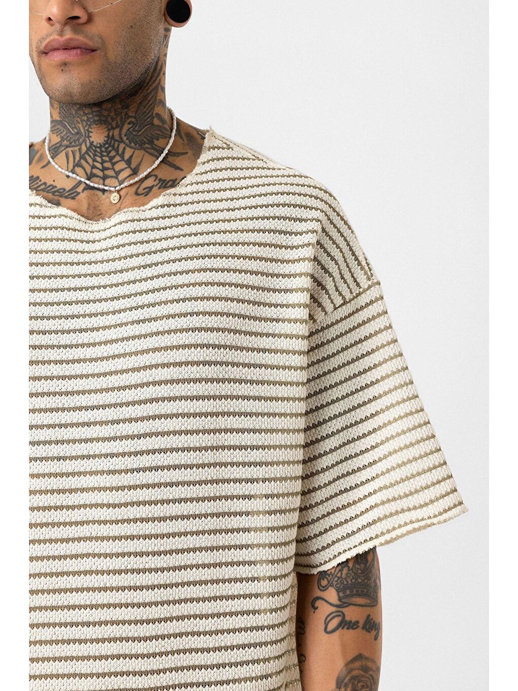 Çizgili Oversize Triko Tişört Haki-5