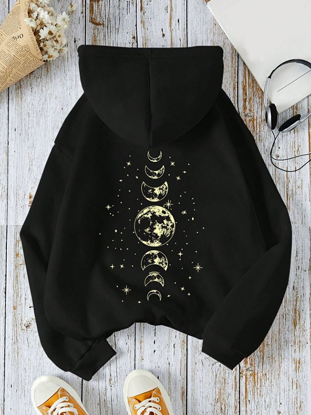 Siyah Moon Phase Baskılı Oversize Kapüşonlu Sweatshirt Uzun Kollu Hoodie-1