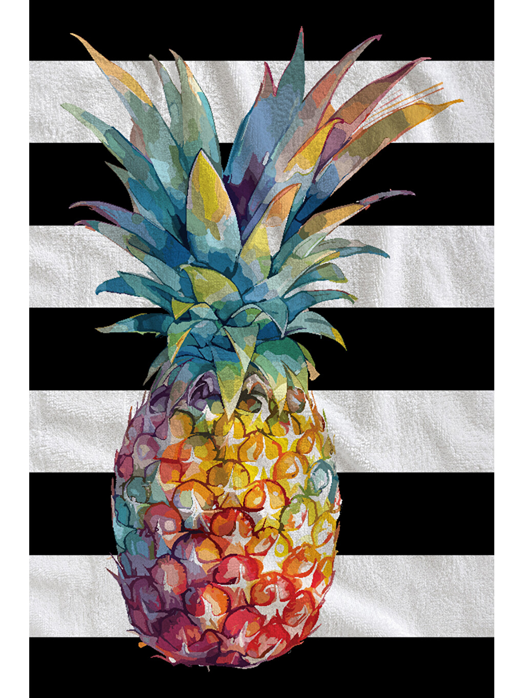 Milbay Grup Siyah Beyaz Çizgili Renkli Ananas Desenli 70x150 Cm Dijital Plaj Ve Banyo Havlusu-37246-1
