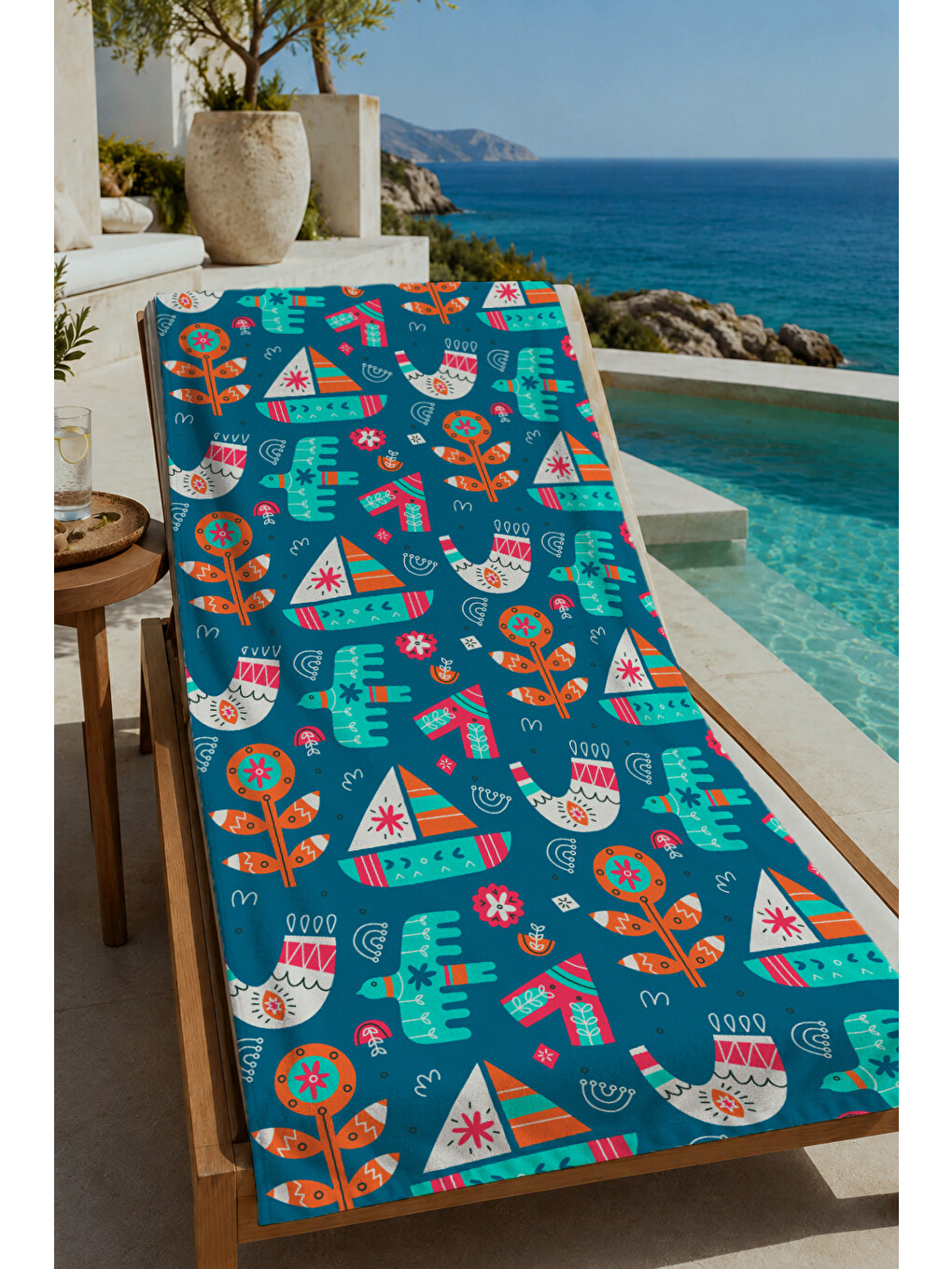 Lacivert Renkli Tropikal Deniz Motifli Desenli 70x150 Cm Dijital Baskılı Plaj Ve Banyo Havlusu