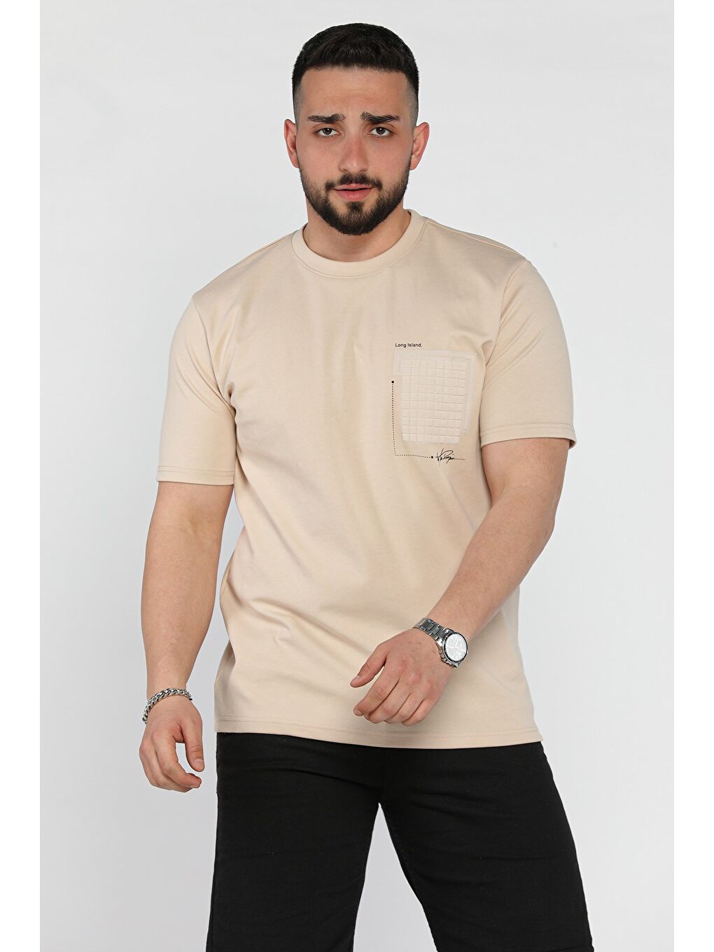 Bej Erkek Bisiklet Yaka Baskılı Tişört-1