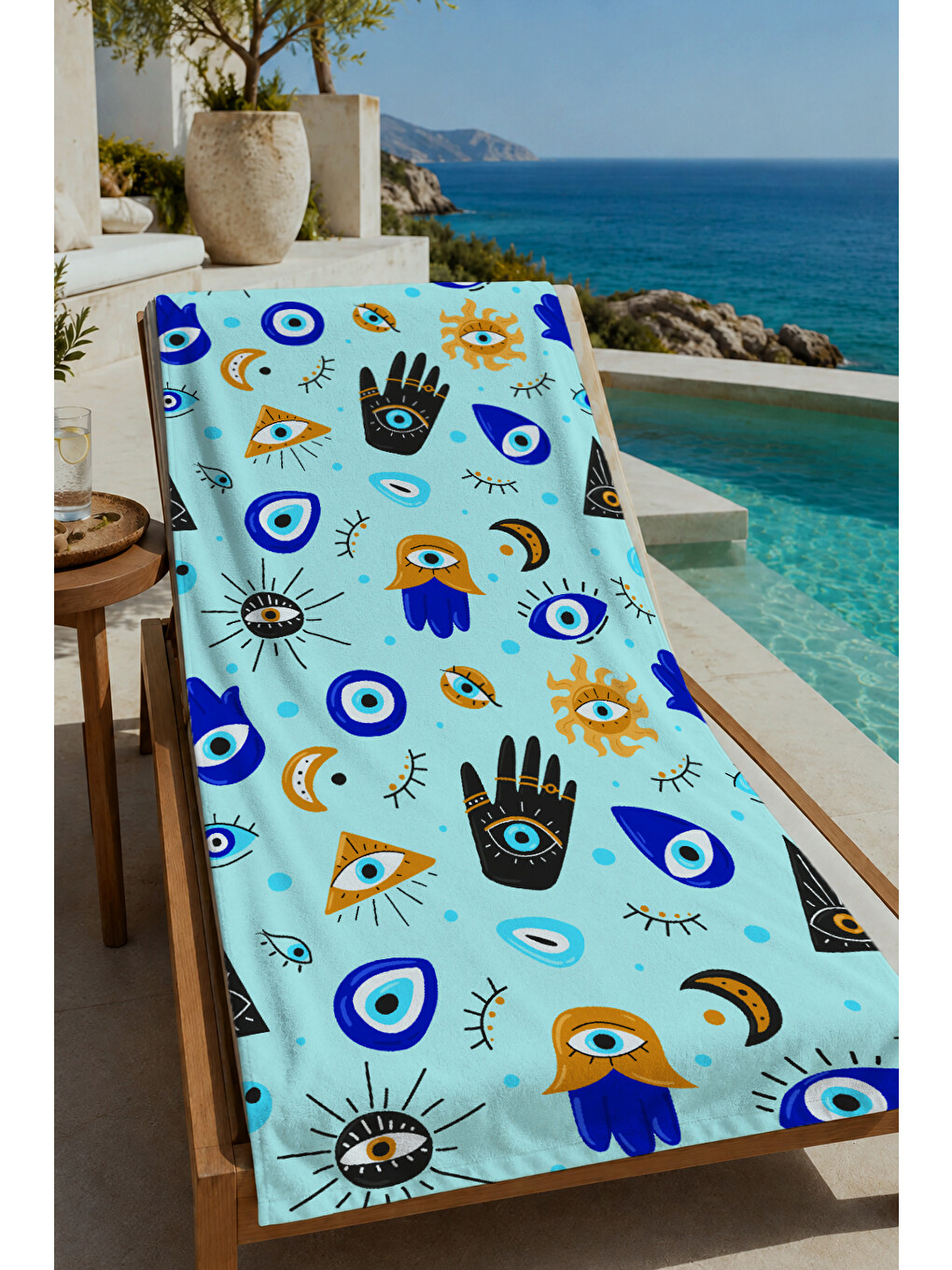 Ekru Sarı Mavi Nazar Boncuğu Desenli 70x150 Cm Dijital Baskılı Plaj Ve Banyo Havlusu