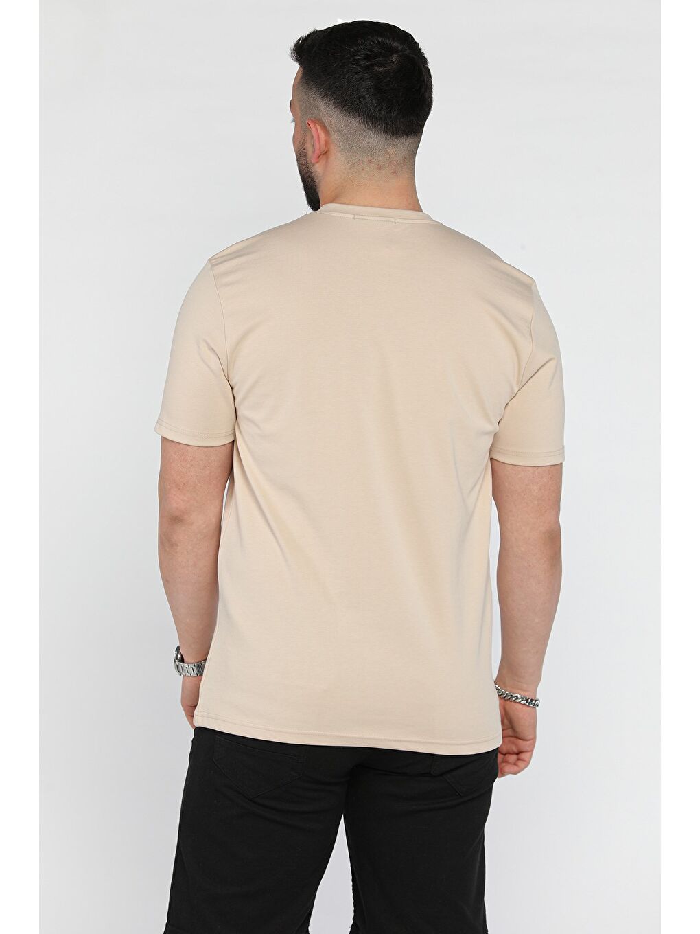 Bej Erkek Bisiklet Yaka Baskılı Tişört-2