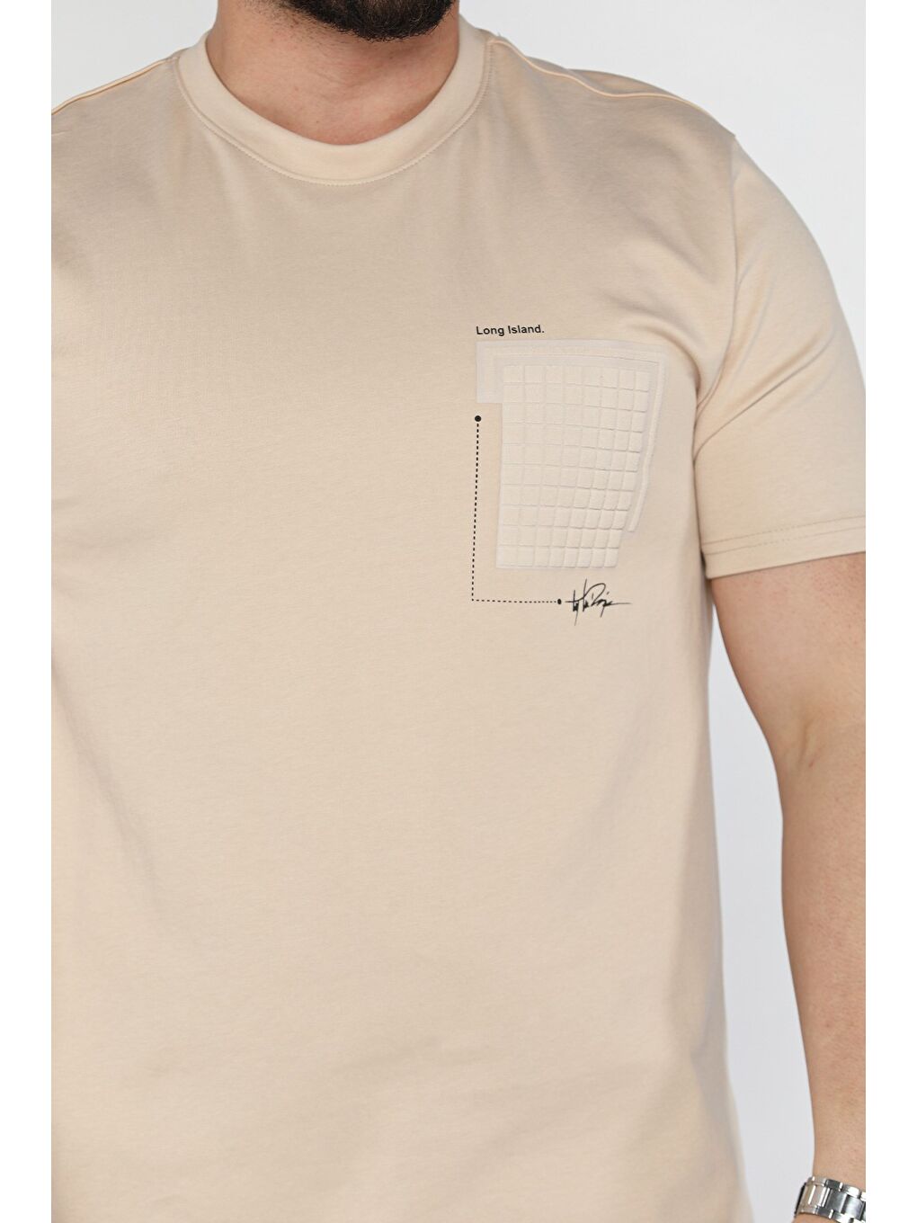 Bej Erkek Bisiklet Yaka Baskılı Tişört-3