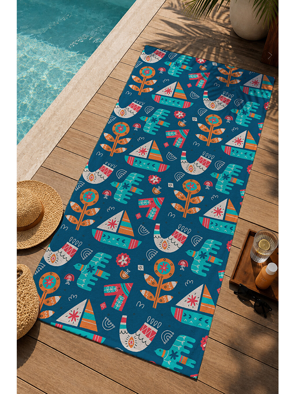 Lacivert Renkli Tropikal Deniz Motifli Desenli 70x150 Cm Dijital Baskılı Plaj Ve Banyo Havlusu-2