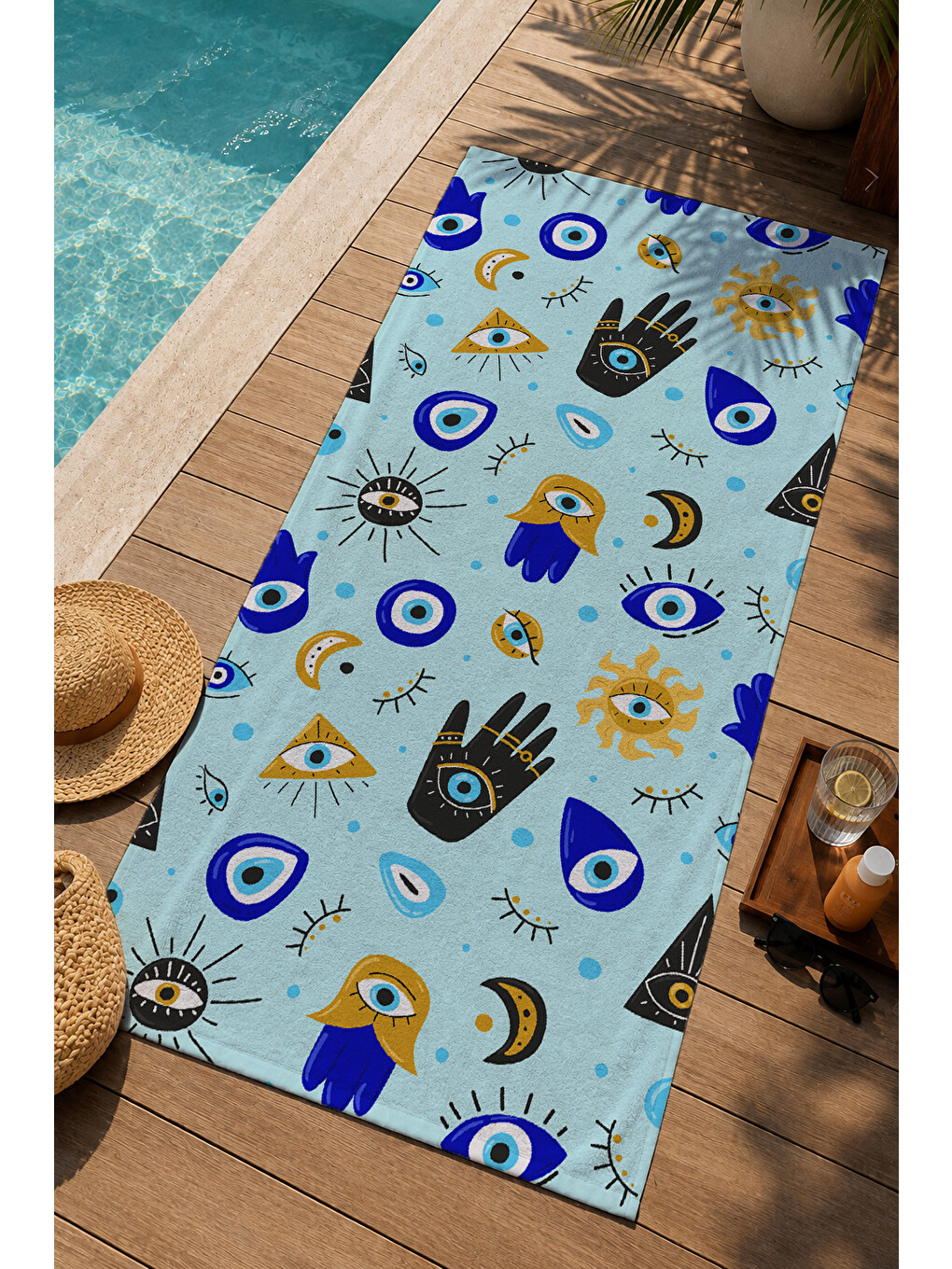 Ekru Sarı Mavi Nazar Boncuğu Desenli 70x150 Cm Dijital Baskılı Plaj Ve Banyo Havlusu-2
