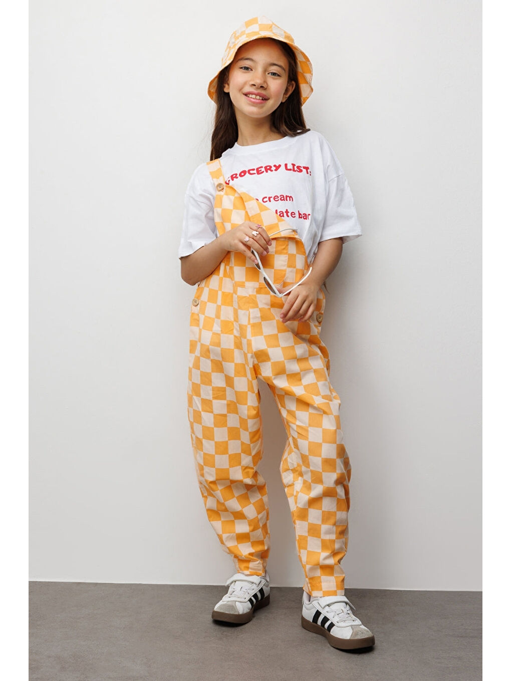 Turuncu Dama Desenli Cep Detaylı Çocuk Salopet-1