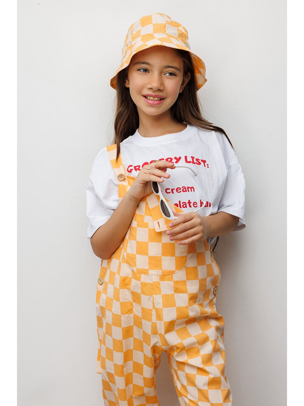 Turuncu Dama Desenli Cep Detaylı Çocuk Salopet-2