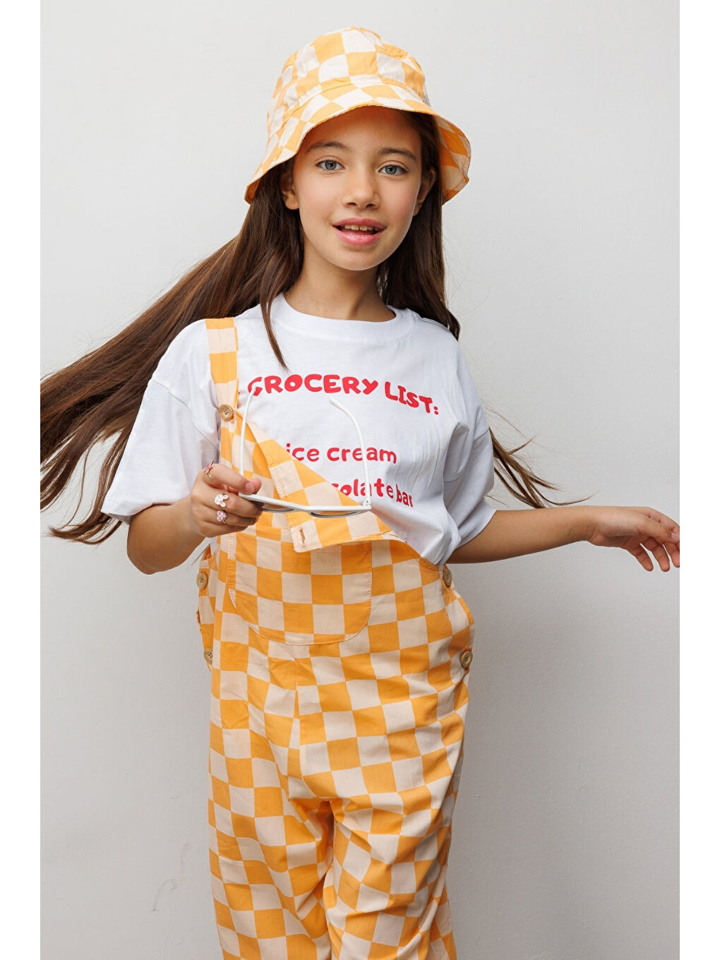 Turuncu Dama Desenli Cep Detaylı Çocuk Salopet-3