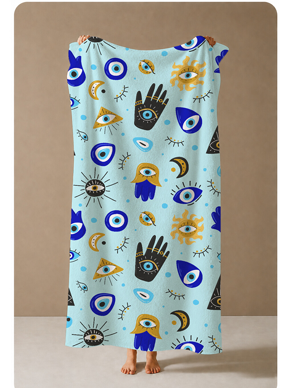 Ekru Sarı Mavi Nazar Boncuğu Desenli 70x150 Cm Dijital Baskılı Plaj Ve Banyo Havlusu-3