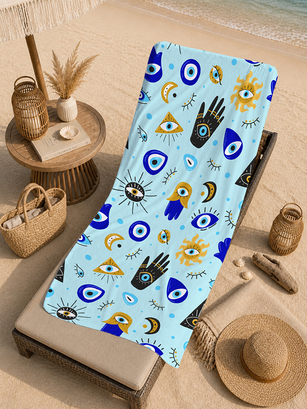 Ekru Sarı Mavi Nazar Boncuğu Desenli 70x150 Cm Dijital Baskılı Plaj Ve Banyo Havlusu-4